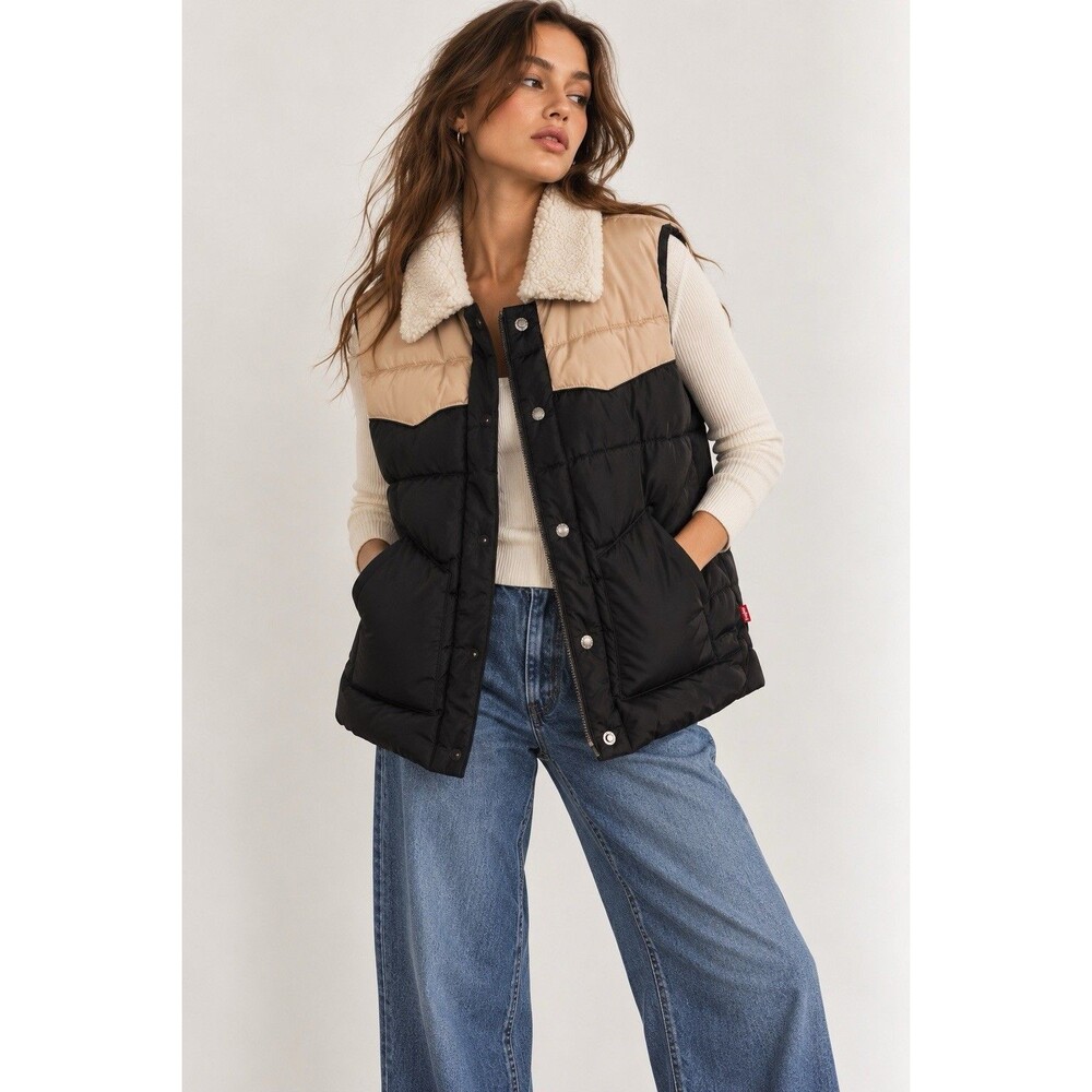Levi’s Quilted Western Puffer Vest Black Tan Sherpa Collar Size Small